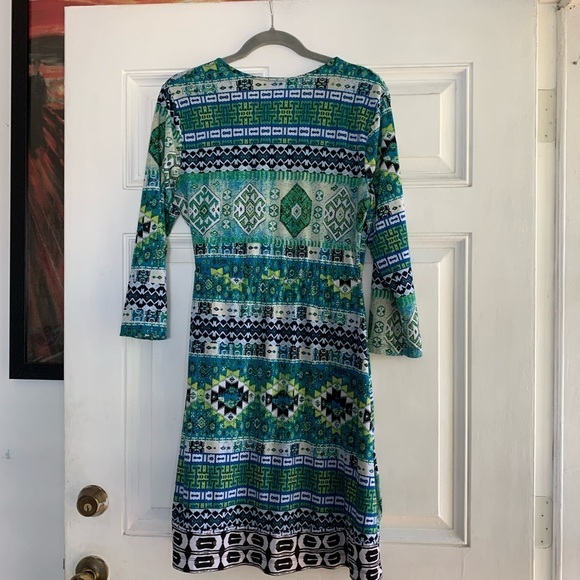 Beige By ECI brand Dress - Size 10 3/4 sleeve & A-line Aztec‎ Blue Green - Picture 5 of 6